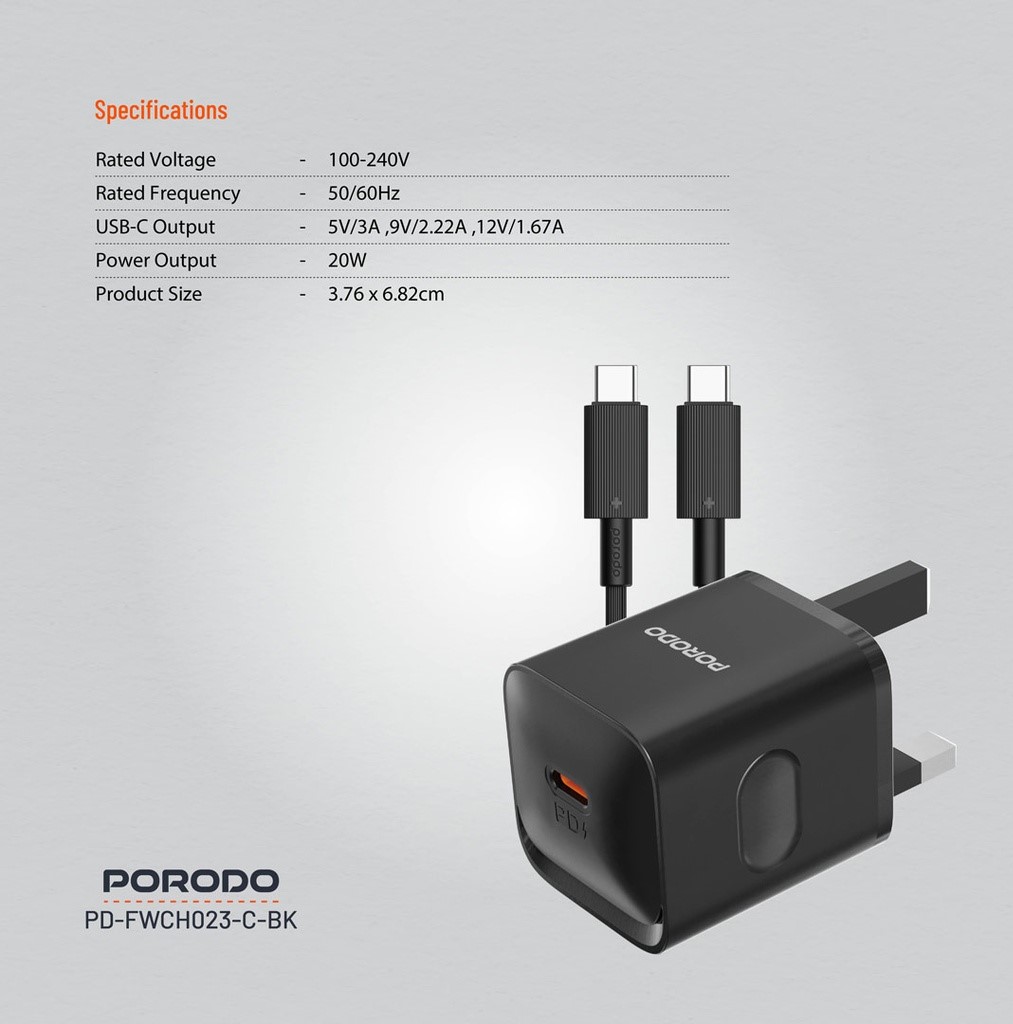 PORODO DUAL PORT WALL WITH CHARGER C TO C CABLE