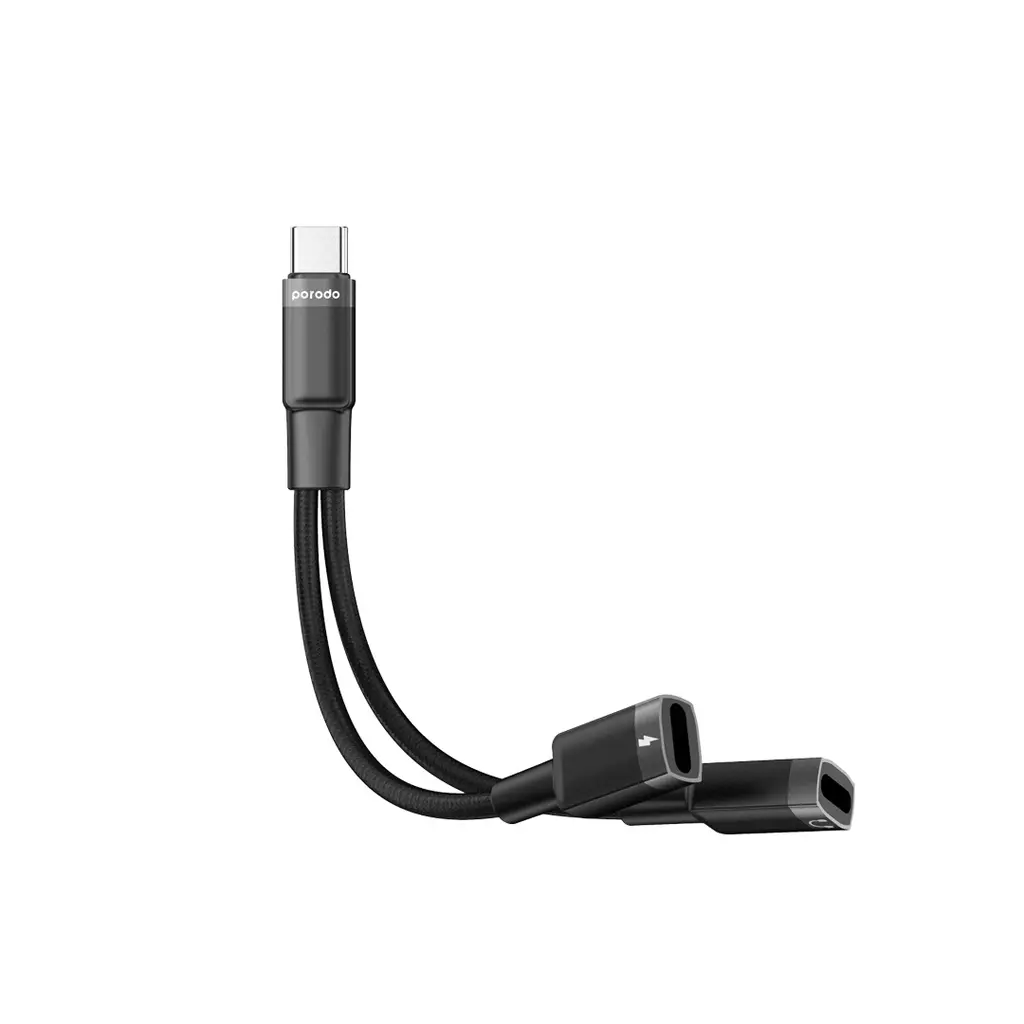 Porodo Type-C Connector Audio & Charge Adapter(0.12m)-Black
