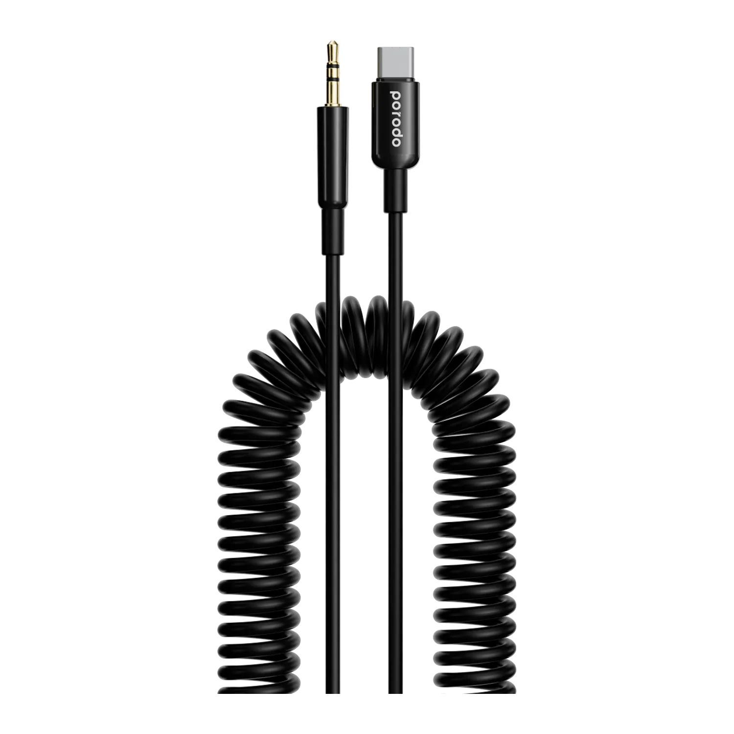 PORODO TYPE C TO AUX COILED AUDIO CABLE 1.2M – BLACK