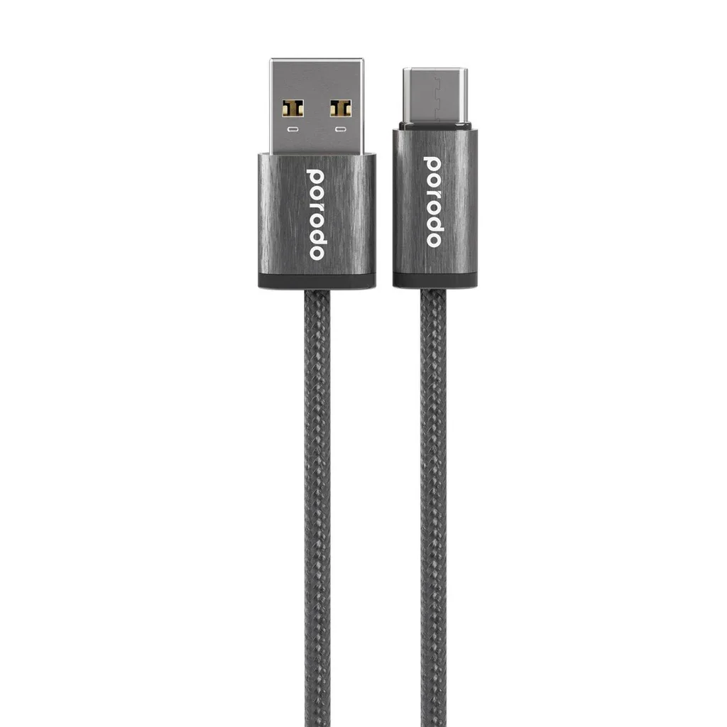PORODO WOVEN BRAIDED USB-A TYPE-C CABLE DATA & FAST CHARGE ALUMINUM SHELL 1.2M/4FT BLACK
