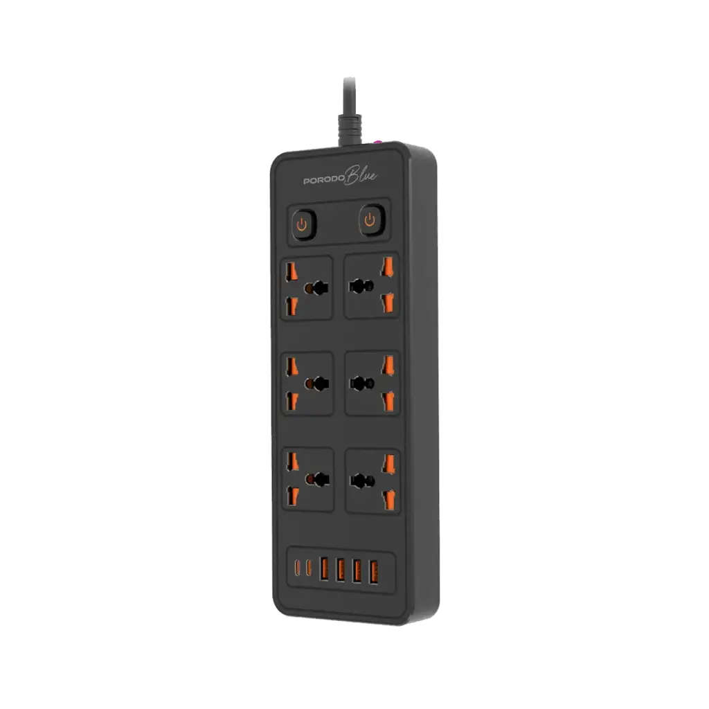 PORODO BLUE 6AC - DUAL SWITCH POWER STRIP UNIVERSAL SOCKET
